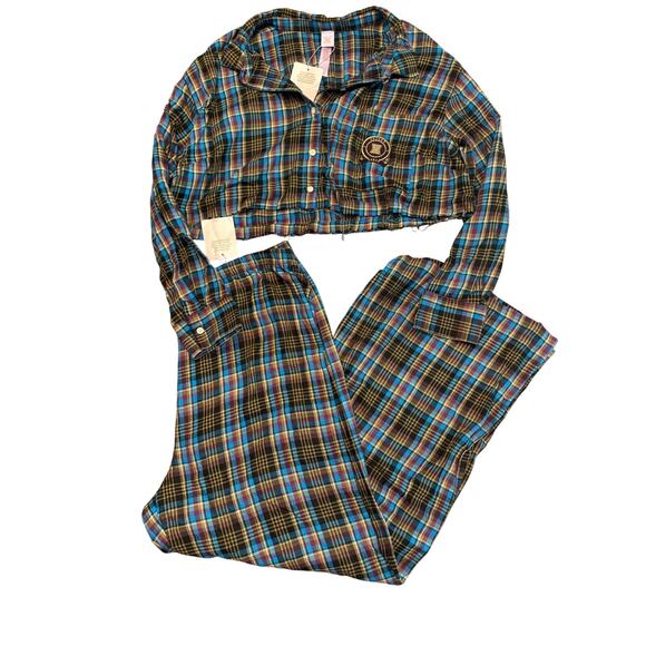 Savage X Fenty Tied Up Tartan Cropped Raw Hem Open Back Pajama Set 1X Plaid NWT - Picture 2 of 10